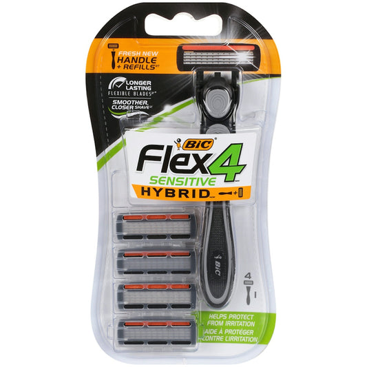 BIC Hybrid 4 Flex men's disposable razor with one handle and four cartridge refills for smooth shaving.