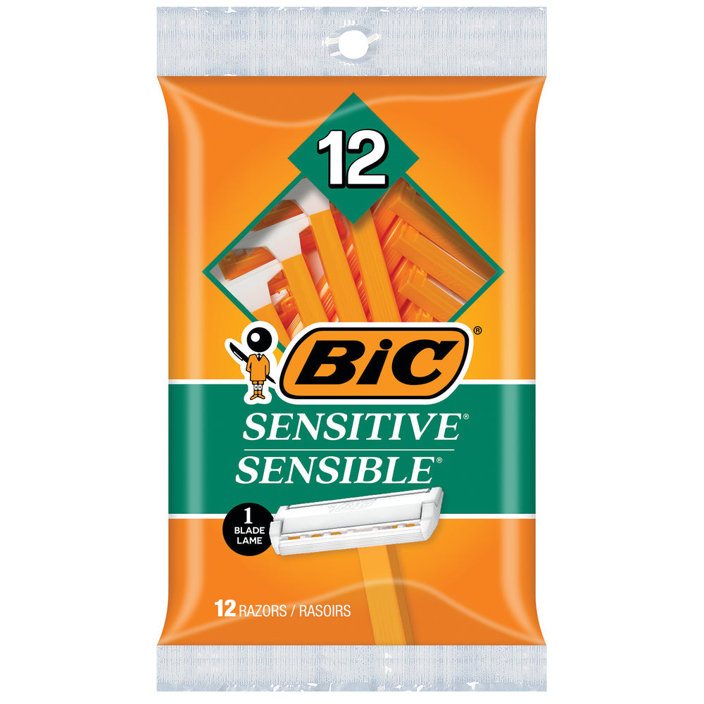 BIC Sensitive single blade disposable razors in a 12-pack, designed for gentle shaving and sensitive skin grooming.
