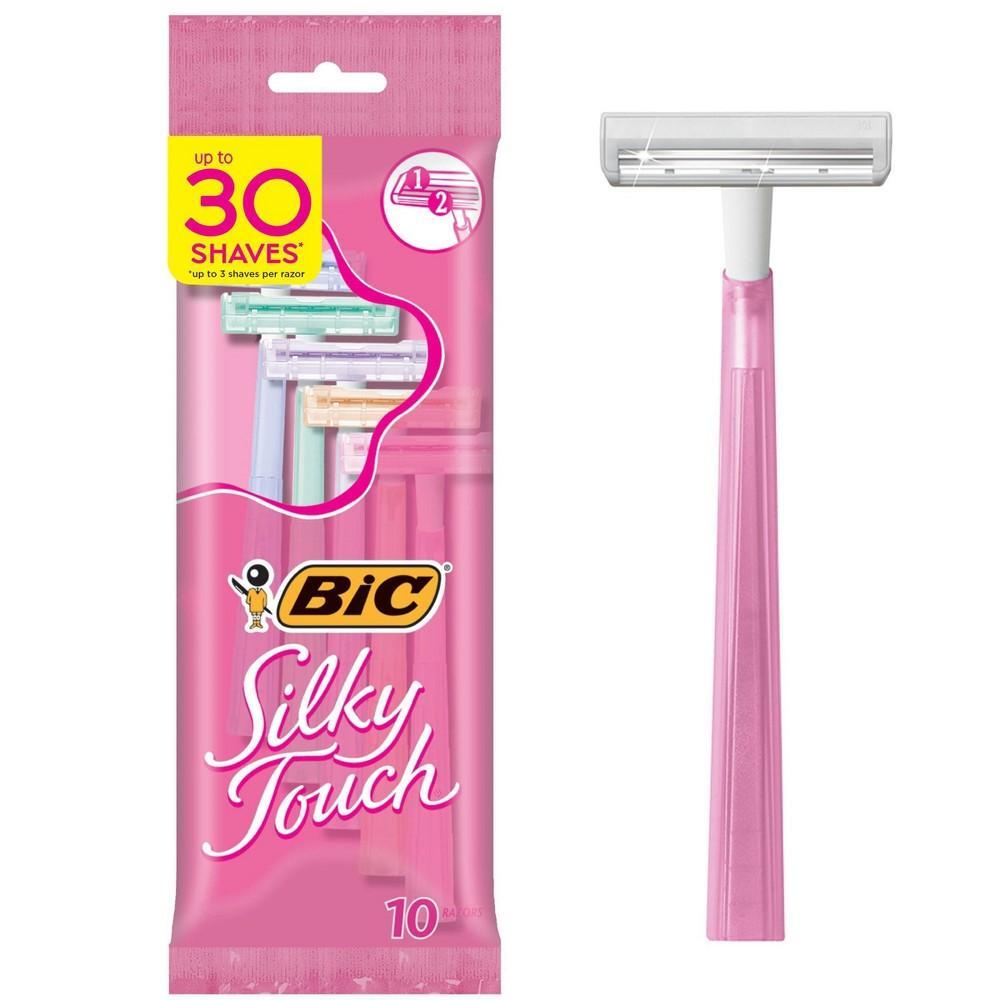 BiC Silky Touch women's disposable shaver with a pink handle and protective foil for smooth grooming.