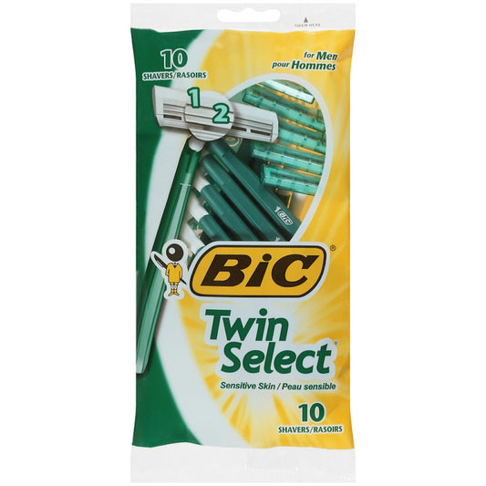 BIC Twin Select Sensitive Skin men's disposable razors with 10-pack, featuring dual blades for smooth shave, in a shaving & grooming image.