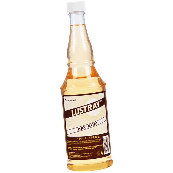 Clubman Lustray Bay Rum grooming compound in a 14 oz bottle, ideal for shaving and aftershave use, by Pasteur Pharmacy.