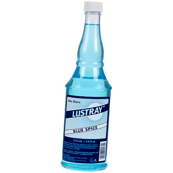 Clubman Lustray Blue Spice after shave bottle from Pasteur Pharmacy, featuring a blue-spice scent and 14 oz size.