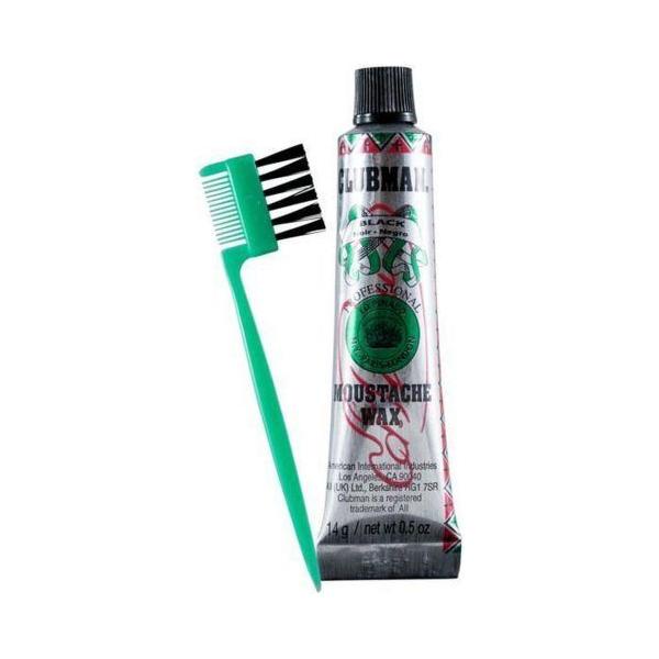 Clubman Pinaud Black Moustache Wax 14g container for grooming, featuring a black wax for mustache styling and shaping.