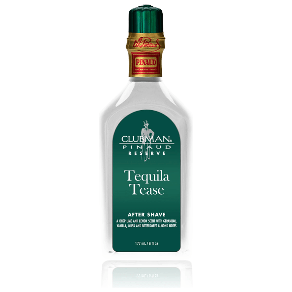 Clubman Reserve Tequila Tease aftershave lotion and cologne, 177ml bottle, featuring a sleek design and grooming branding.