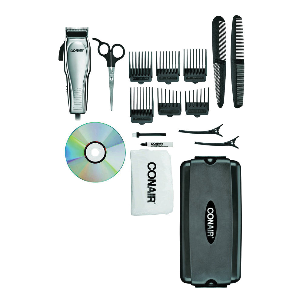 Chrome Conair Custom Cut Haircut Kit with 21 grooming tools for professional hair trimming and styling at home.