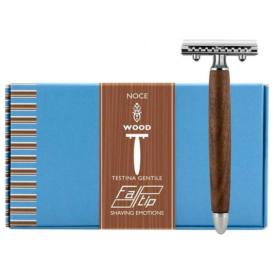 Fatip Double Edge Safety Razor with Noce wood handle for shaving and grooming, featuring a sleek, polished design.
