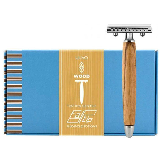 Fatip Double Edge Safety Razor with Wood Ulivo handle for shaving and grooming, featuring a sleek design and durable build.