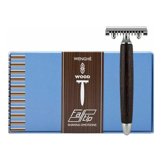 Fatip Double Edge Safety Razor in Wood Wenghe finish for shaving and grooming, featuring a sleek, classic design.