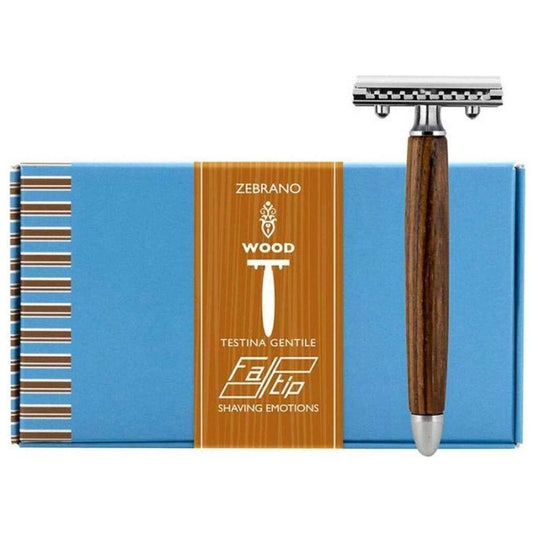 Fatip Double Edge Safety Razor with Zebrano wood handle and black PC Nero finish, ideal for shaving and grooming.