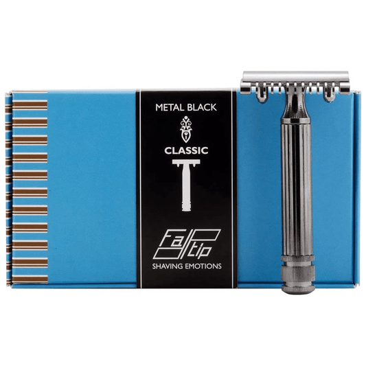 Fatip Grande open comb safety razor in gun metal black, ideal for shaving and grooming with a sleek metal finish.