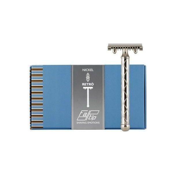 Fatip Retro Double Edge Safety Razor in nickel with open comb design for precise shaving, part of grooming essentials.