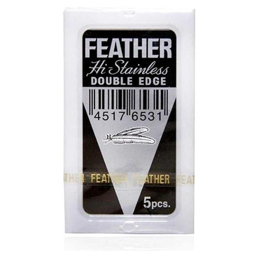 Feather Hi-Stainless Double Edge Razor Blades for shaving, 5-pack by Pasteur Pharmacy, showing five stainless steel razor blades.
