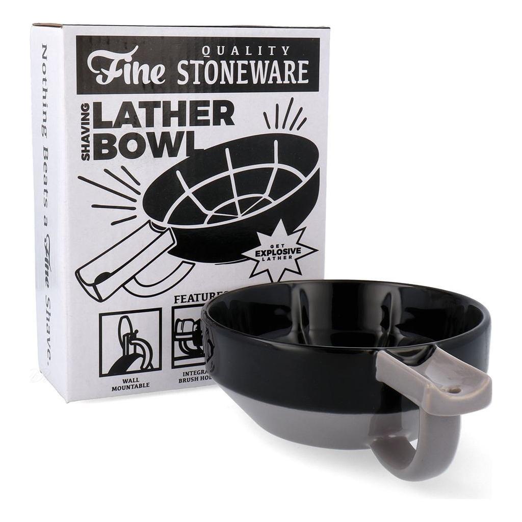 Black and gray leather shaving bowl for grooming, featuring a smooth, polished surface and classic design by Pasteur Pharmacy.