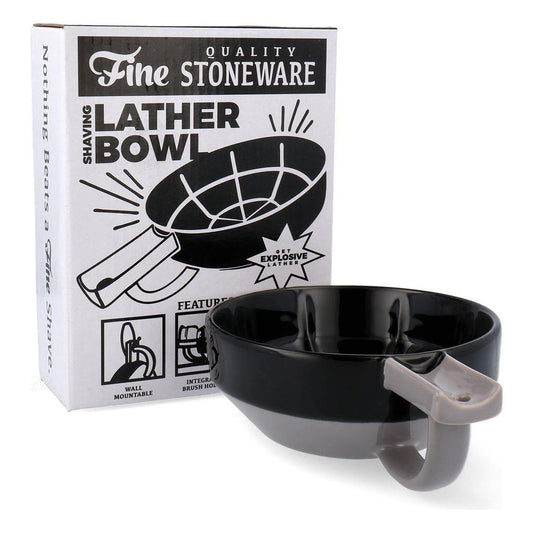 Black and gray leather shaving bowl for grooming, featuring a smooth, polished surface and classic design by Pasteur Pharmacy.