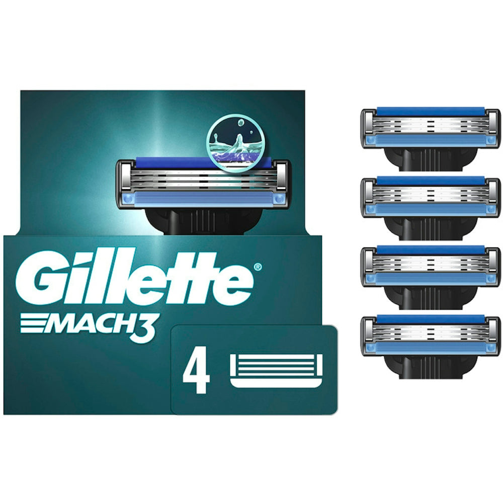 Gillette Mach3 men's 3-blade razor blade refills for shaving and grooming, shown in packaging with multiple cartridges