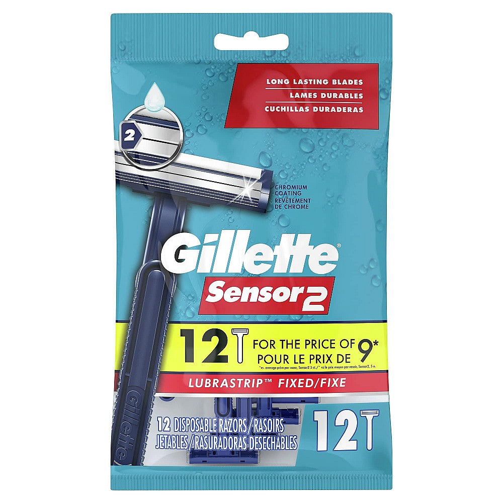 Gillette Sensor2 men's disposable razor with fixed head for shaving, featuring dual blade design, in a grooming setting.
