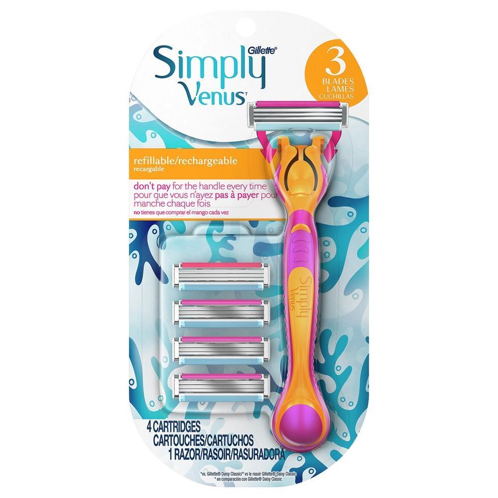Gillette Simply Venus Razor Set with 3 blades and refillable handle for smooth shaving and grooming.