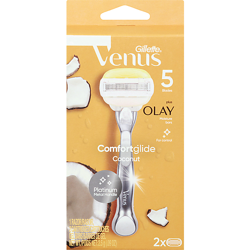 Gillette Venus ComfortGlide Plus Olay Coconut women's razor with one handle and two refill blades, featuring a sleek design.