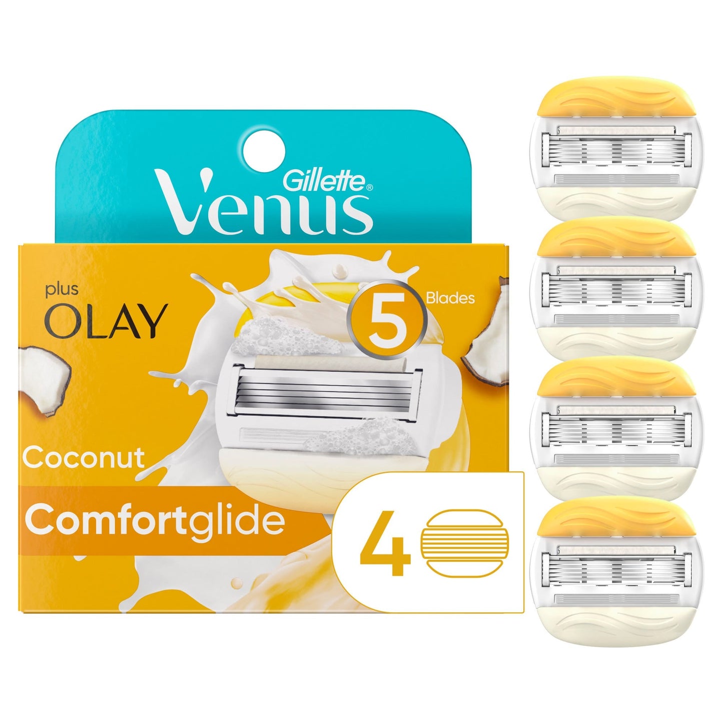 Gillette Venus Comfortglide Plus Olay Coconut women's razor blade refills for smooth shaving, shown in packaging.