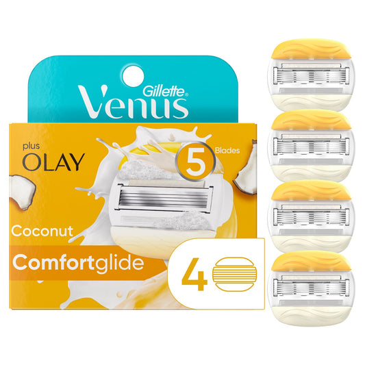 Gillette Venus Comfortglide Plus Olay Coconut women's razor blade refills for smooth shaving, shown in packaging.