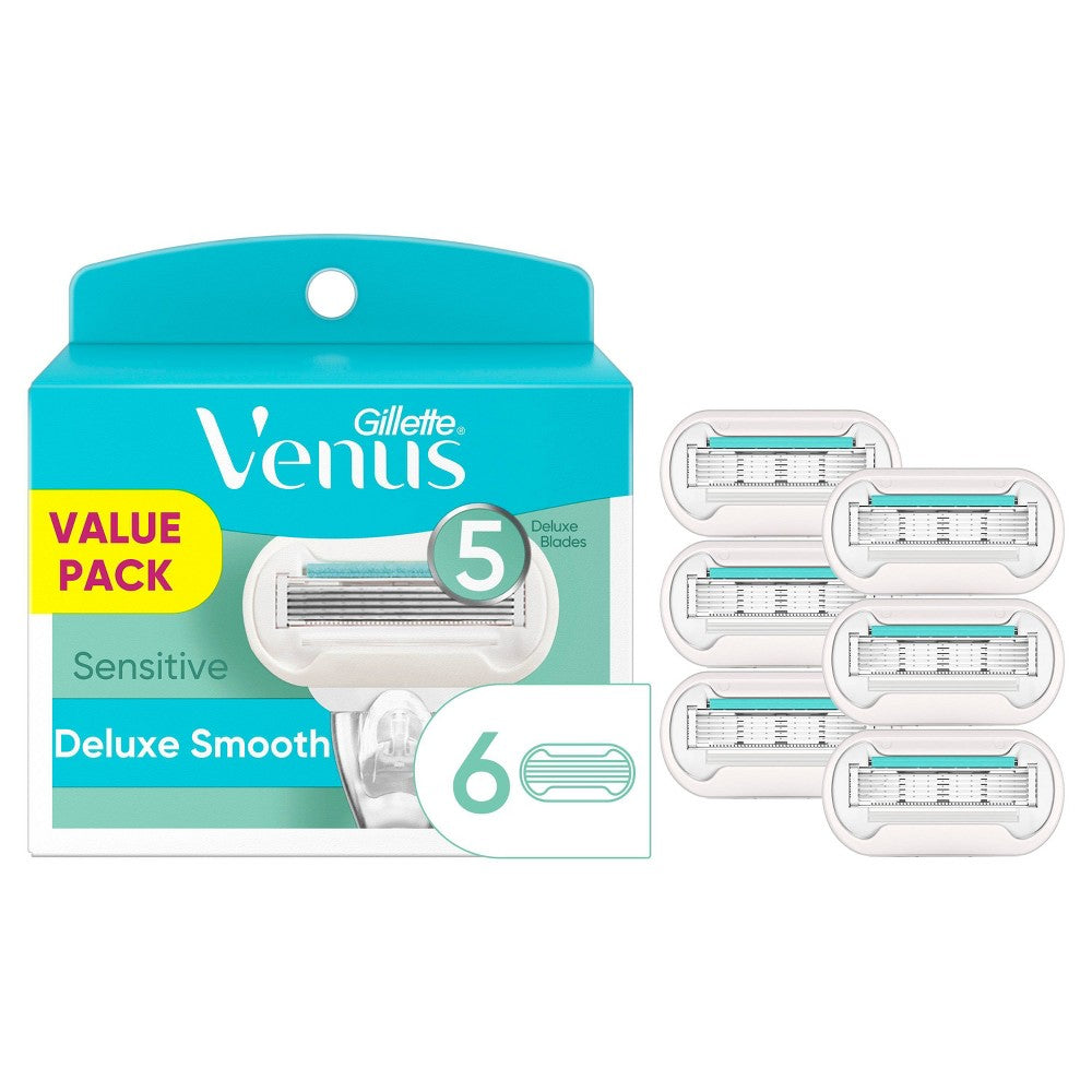 Gillette Venus Deluxe Smooth Sensitive women's razor blade refills for shaving and grooming, shown in packaging.