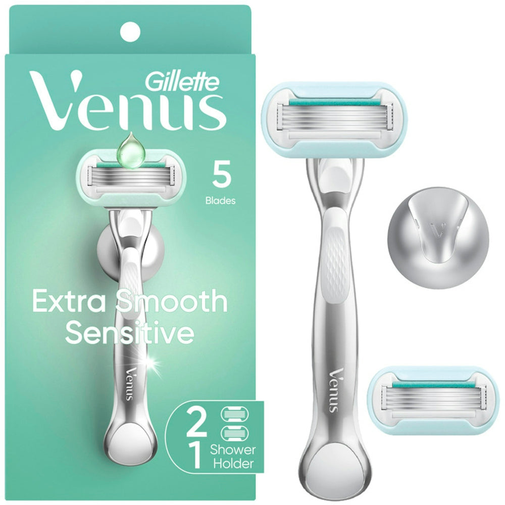 Gillette Venus Deluxe Smooth Sensitive women's razor handle with 2 blade refills for gentle shaving and grooming.