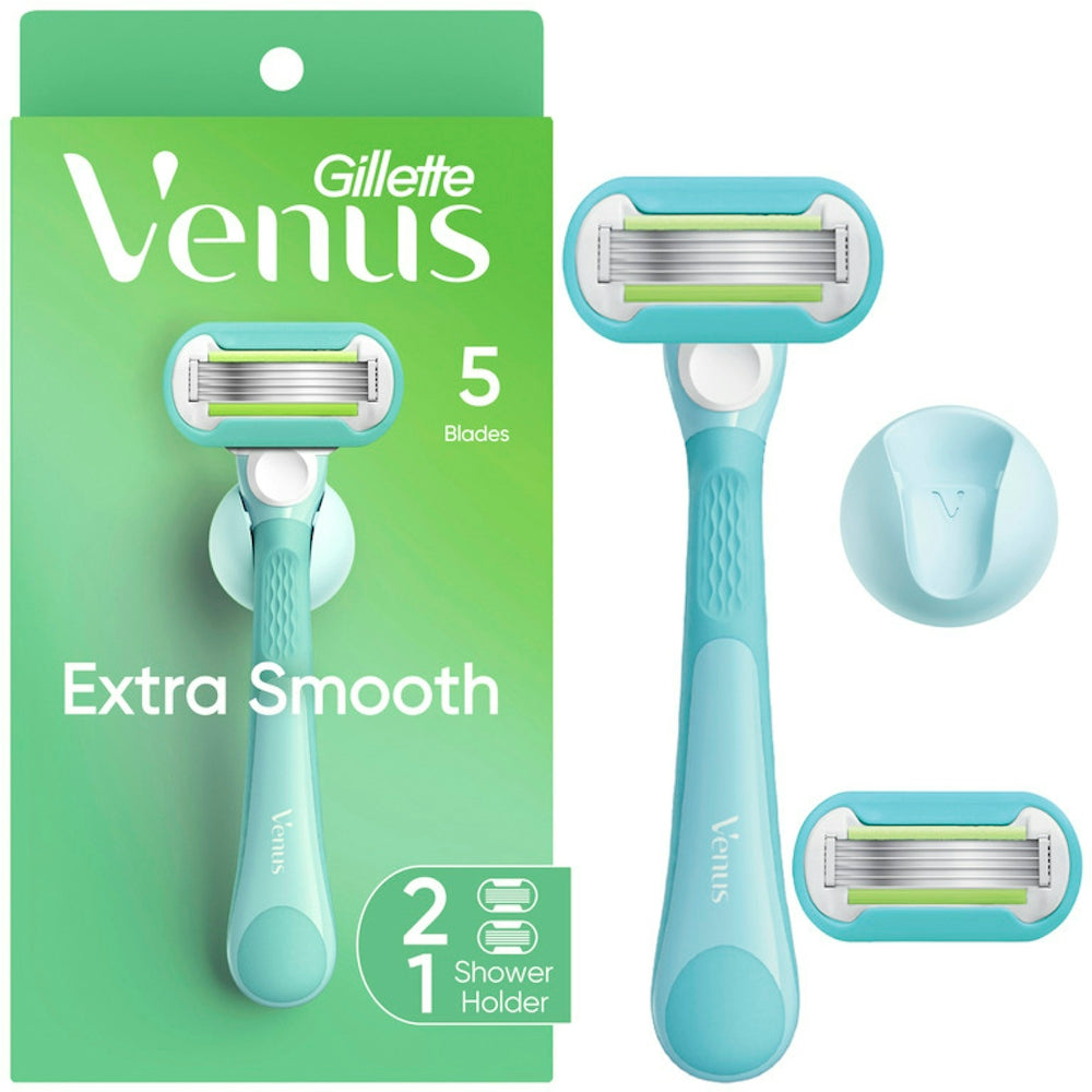 Pink Gillette Venus Extra Smooth women's razor handle with two blade refills, designed for smooth shaving and grooming.