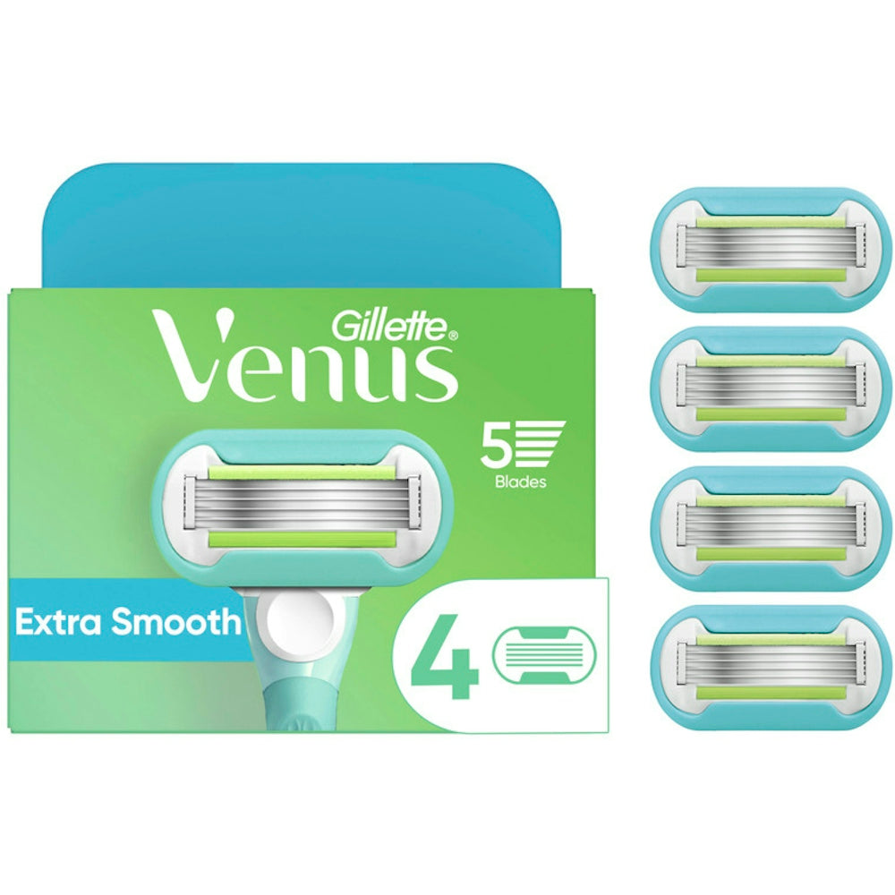 Gillette Venus Extra Smooth women's razor blade refills for shaving and grooming, featuring multiple cartridge cartridges.