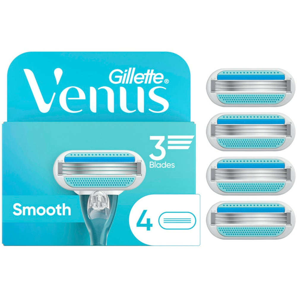 Gillette Venus Smooth women's razor blade refills with 3 blades, 4-pack, designed for smooth shaving and grooming.