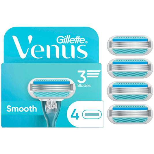 Gillette Venus Smooth women's razor blade refills with 3 blades, 4-pack, designed for smooth shaving and grooming.