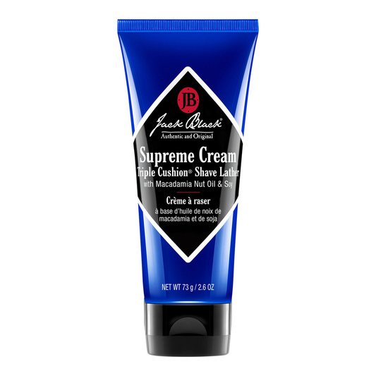 Jack Black Supreme Cream Triple Cushion Shave Lather in 2.6 oz jar, rich shaving cream for a smooth grooming experience