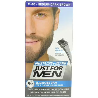 Just For Men Brush-In Color Gel for Mustache and Beard in Light Brown, showing the tube of grooming product.