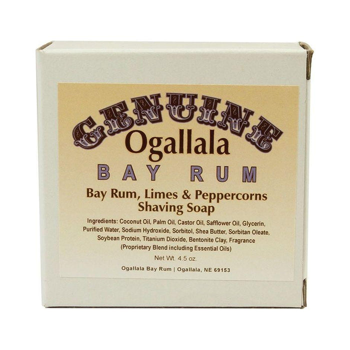 Ogallala Bay Rum shaving soap by Pasteur Pharmacy with bay rum, limes, and peppercorns in a 4.5 oz container.