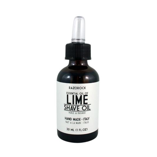 Razor Rock Lime Shave Oil 30ml from Pasteur Pharmacy, a grooming product with lime scent, in a small plastic bottle for smooth shaving.