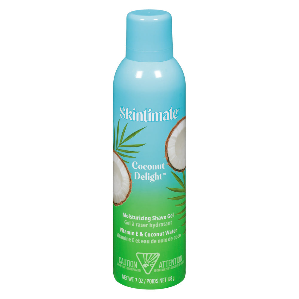 Skintimate Moisturizing Coconut Delight Shave Gel in 7 oz bottle, perfect for smooth, hydrated shaving grooming.