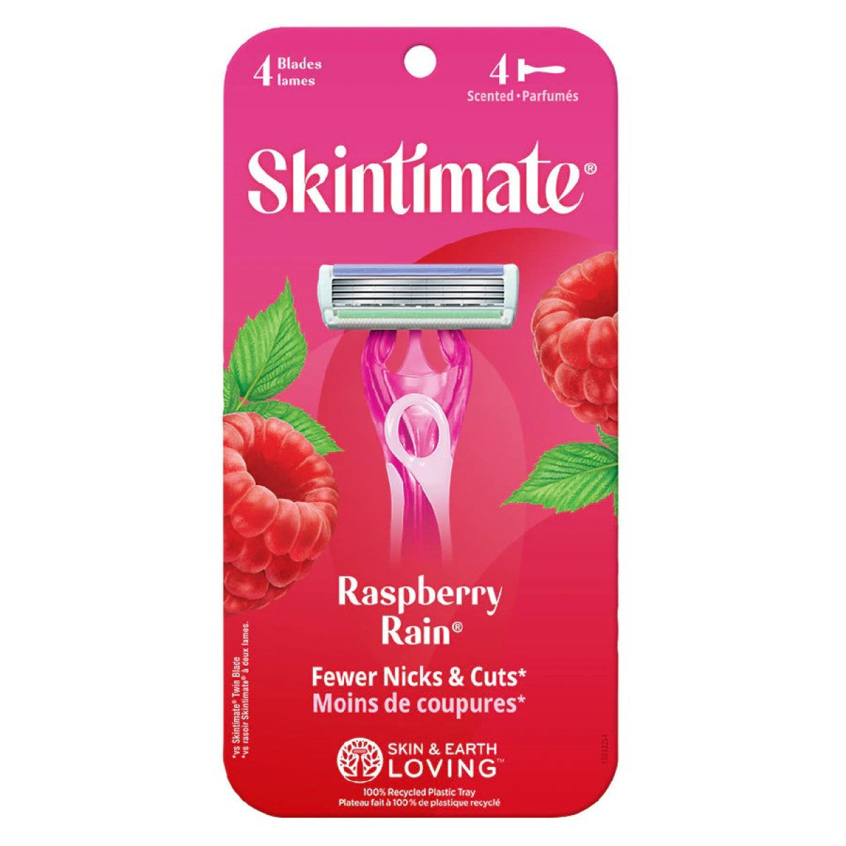 Skintimate Raspberry Rain razor with 4 blades, designed for smooth shaving and grooming, featuring a sleek handle and vibrant color.