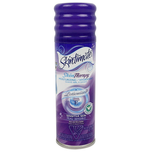 Skintimate Skin Therapy Sensitive Moisturizing Shave Gel in 7 oz container, designed for gentle shaving and skin hydration.