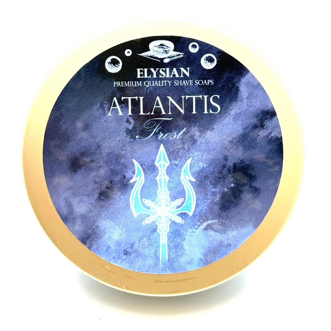 Elysian Atlantis Frost Collection shaving soap by Pasteur Pharmacy, 4 oz, in a sleek container for grooming and shaving.