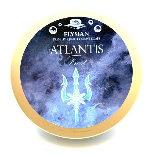 Elysian Atlantis Frost Collection shaving soap by Pasteur Pharmacy, 4 oz, in a sleek container for grooming and shaving.