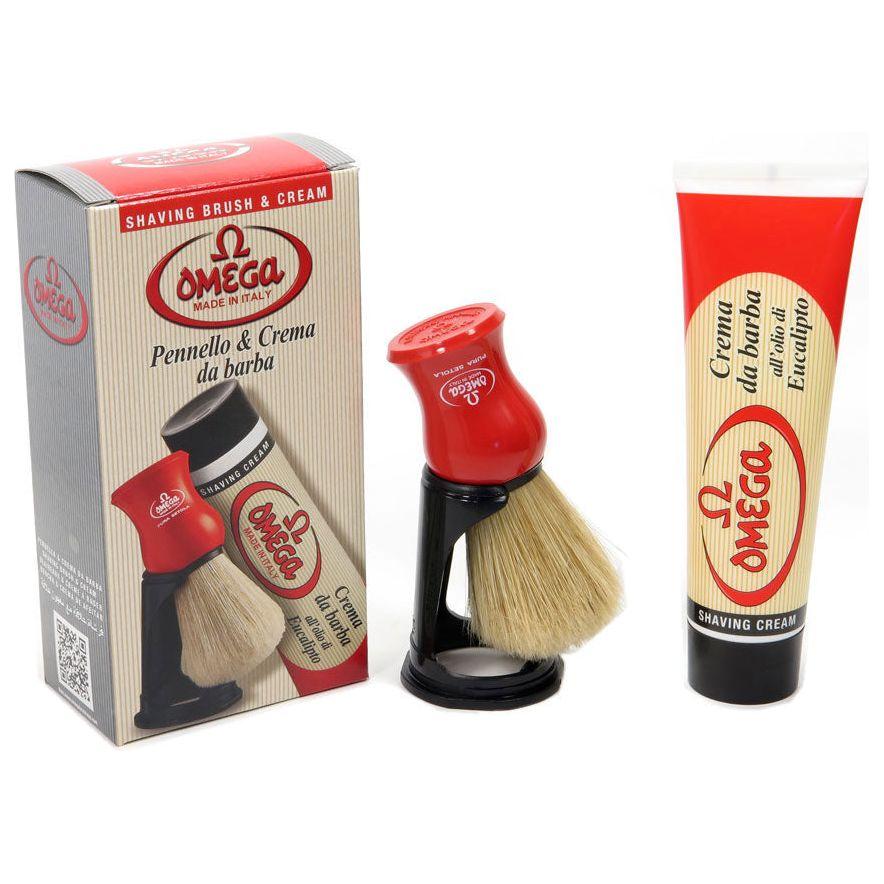 Omega shaving cream and brush with stand kit, 16 oz, featuring a classic white shaving brush and matching cream container.