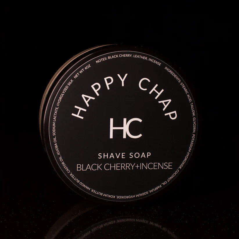 Pasteur Pharmacy Happy Chap Black Cherry and Incense Shaving Kit with 4 oz shave soap, grooming essentials in a stylish collection.