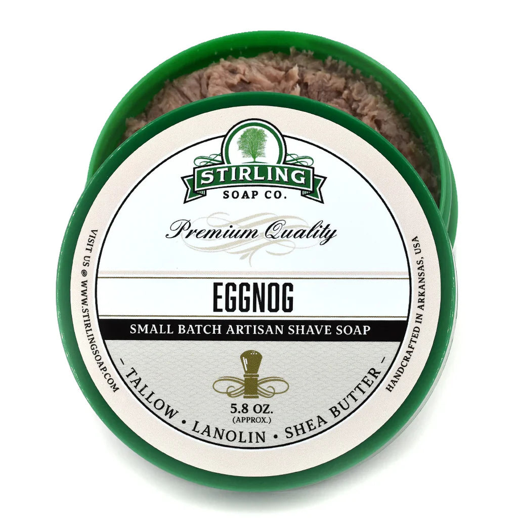 Pasteur Pharmacy Stirling Soap Co. Eggnog Shaving Collection with shaving soap and accessories in a display image.