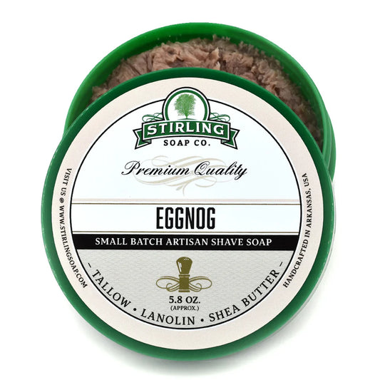 Pasteur Pharmacy Stirling Soap Co. Eggnog Shaving Collection with shaving soap and accessories in a display image.