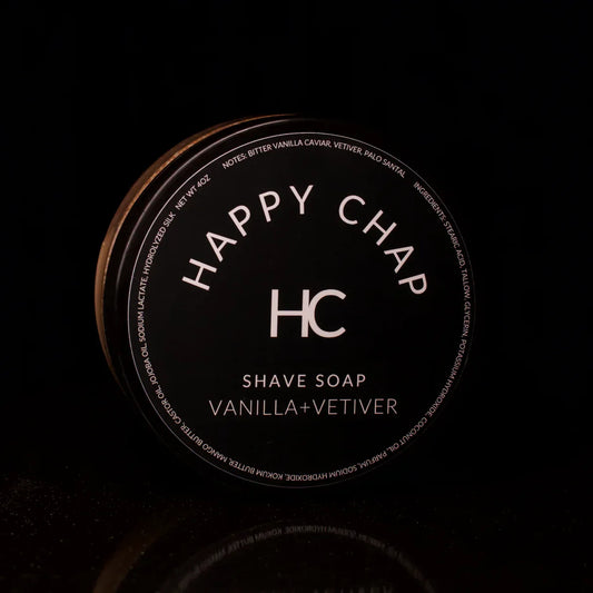 Pasteur Pharmacy Happy Chap Vanilla and Vetiver Shaving Collection with shave soap, brush, and accessories for a grooming routine