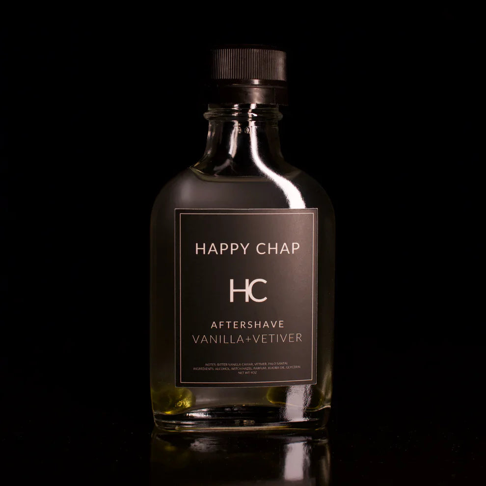 Pasteur Pharmacy Happy Chap Vanilla and Vetiver shaving kit with shave soap and grooming accessories.
