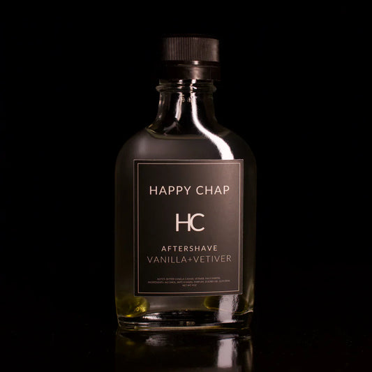 Pasteur Pharmacy Happy Chap Vanilla and Vetiver shaving kit with shave soap and grooming accessories.