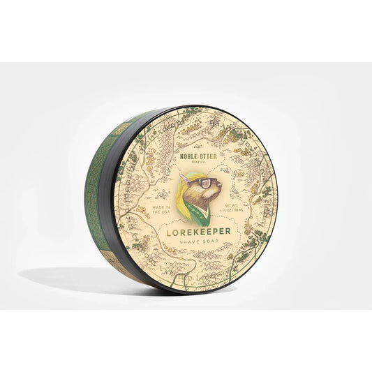 Pasteur Pharmacy Lorekeeper Shaving Kit with Noble Otter Soap Co. artisanal shaving soap and accessories on a clean surface.
