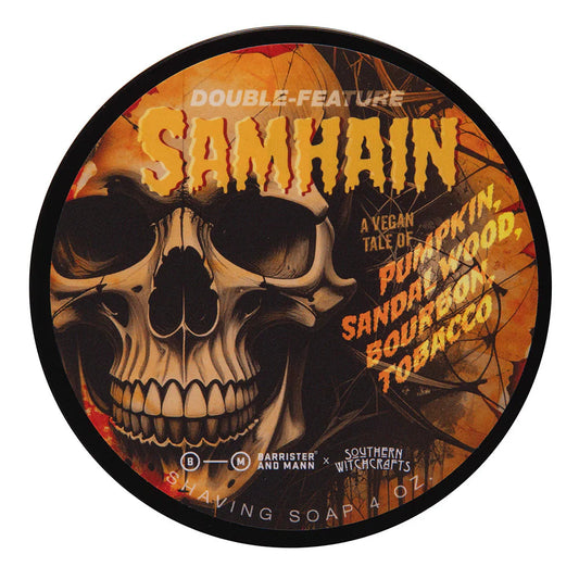 Vegan shaving soap from Barrister & Mann x Southern Witchcrafts Samhain Shaving Collection in a 4 oz container, with a textured label.