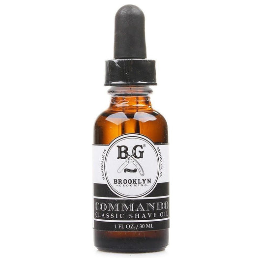 Brooklyn Grooming Classic Shaving Oil Commando by Pasteur Pharmacy, 1oz bottle, with sleek packaging and dropper applicator.