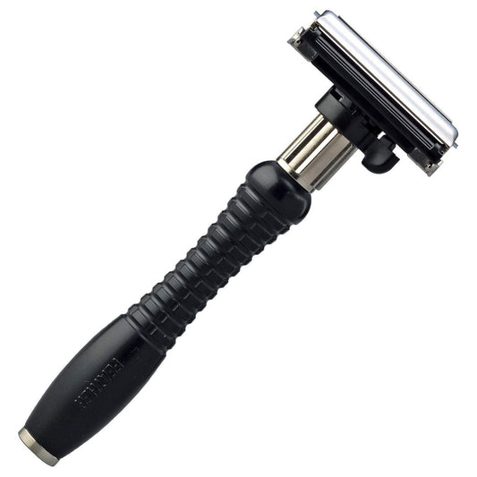 Feather adjustable double edge safety razor from Pasteur Pharmacy with a sleek handle and adjustable settings for a close shave.